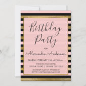 Rosa schwarze goldene Streifen jedes Alter Geburts Einladung (Vorderseite)