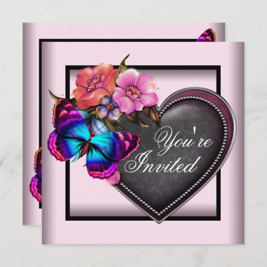 Rosa Schwarze Herzschmetterlinge Party Einladungen (Vorne/Hinten)