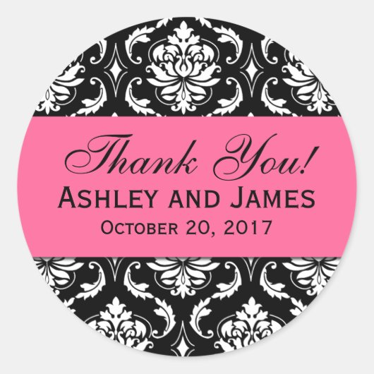 Rosa, schwarze Hochzeitsohle Danke, Label Runder Aufkleber (Vorderseite)