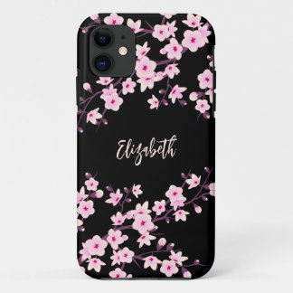 Rosa schwarze Kirschblüten-Monogramm Case-Mate iPhone Hülle