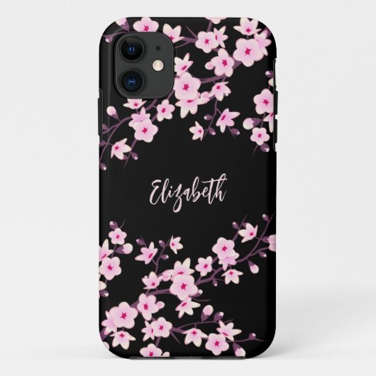Rosa schwarze Kirschblüten-Monogramm Case-Mate iPhone Hülle (Rückseite)