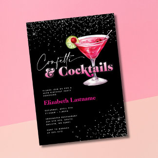 Rosa schwarze Konfetti und Cocktails Geburtstag Einladung