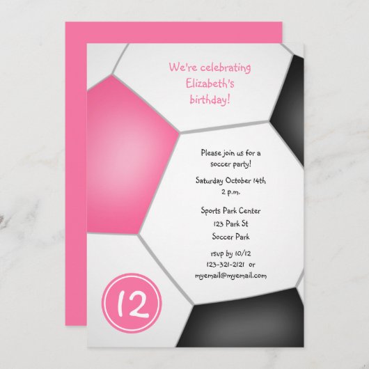 Rosa schwarze Mädchen Fußball Geburtstagsparty Einladung (Vorne/Hinten)