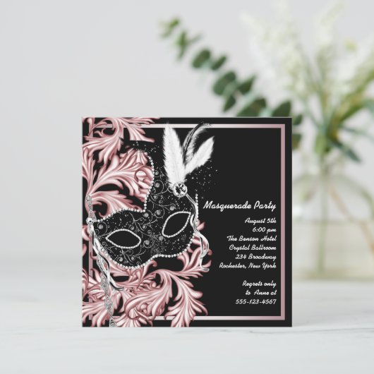 Rosa Schwarze Maske Rosa Schwarzes Party Einladung (Stehend Vorderseite)