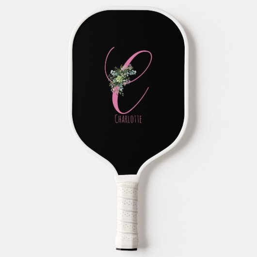 Rosa schwarze Monogramm-Blume, Buchstabe C Pickleball Schläger (Rückseite)
