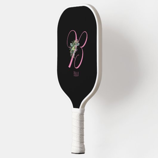 Rosa Schwarze Monogramm-Blume Pickleball Schläger (Links)