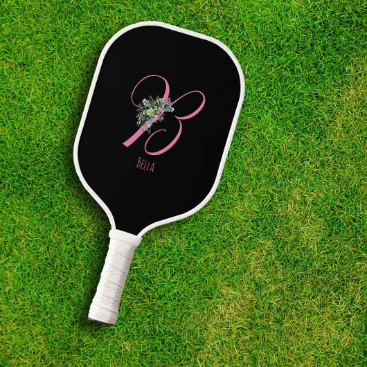 Rosa Schwarze Monogramm-Blume Pickleball Schläger