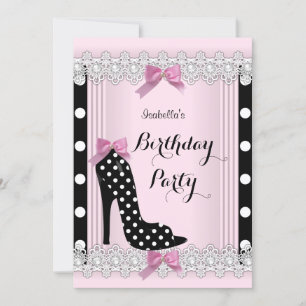 Rosa schwarze Polka Punkte High Heel Geburtstagsfe Einladung