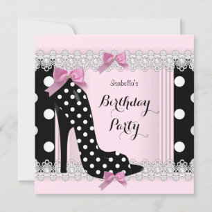 Rosa schwarze Polka Punkte High Heels Geburtstagsf Einladung
