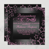 Rosa/schwarze Quinceñera Stern & Swirt laden ein Einladung (Vorne/Hinten)