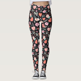 Rosa Schwarze Retro-Blume Leggings