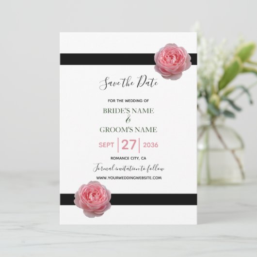 Rosa schwarze Ribbon Hochzeit speichern das Datum Save The Date (Stehend Vorderseite)