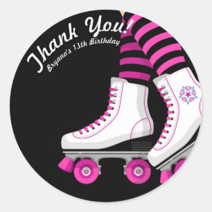 Rosa & schwarze Rollschuh Skating Geburtstagsfeier Runder Aufkleber