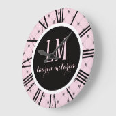 Rosa & schwarze Schleife Monogramm Große Wanduhr (Winkel)