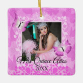 Rosa, Schwarze Schmetterlinge Quinceanera Foto Keramikornament (Vorderseite)