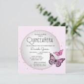 Rosa schwarze Schmetterlinge Sterne Moderne Quince Einladung (Stehend Vorderseite)