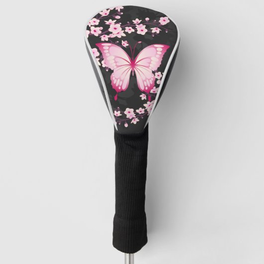 Rosa schwarze Schmetterlinge und Kirschblüten Golf Headcover (Vorderseite)