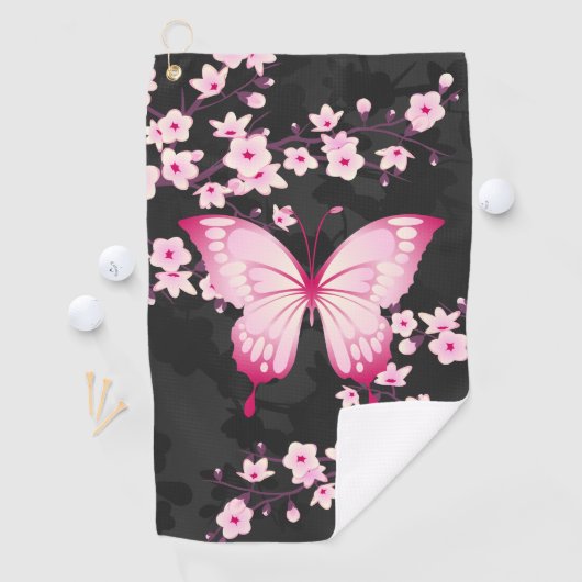 Rosa schwarze Schmetterlinge und Kirschblüten Golfhandtuch (Insitu)