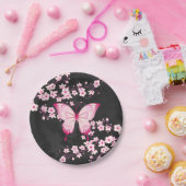 Rosa schwarze Schmetterlinge und Kirschblüten Pappteller (Party)