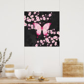 Rosa schwarze Schmetterlinge und Kirschblüten Poster (Küche)
