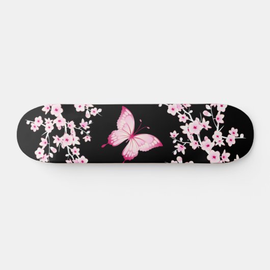 Rosa schwarze Schmetterlinge und Kirschblüten Skateboard (Horizontal)