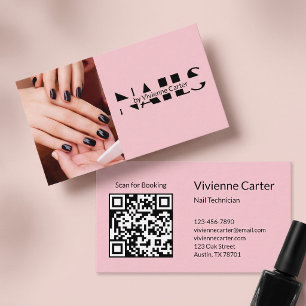 Rosa-Schwarze-Schrift-Foto-Nagelkünstler-QR-Code Visitenkarte