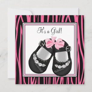 Rosa Schwarze Schuhe Hellrosa Zebra Baby-Party Einladung