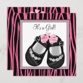 Rosa schwarze Schuhe Hot Pink Zebra Baby Dusche Einladung (Vorne/Hinten)