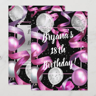 Rosa schwarze Silber Glitter Ballons Geburtstagsfe Einladung