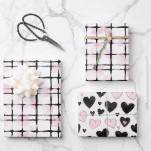 Rosa schwarze Streifen Herzen Geburtstag Geschenkpapier Set