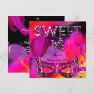 Rosa Schwarze Sweet 16 Maskenball Geburtstagsfeier Einladung