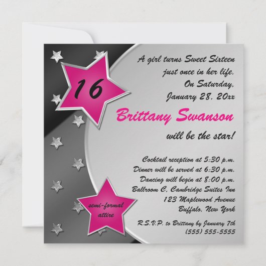 Rosa, Schwarze und des Silber-Stern-Bonbon-16 Einladung (Rückseite)