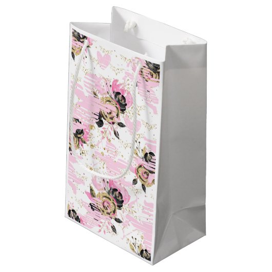 Rosa, schwarze und goldene Blumenbeutel Kleine Geschenktüte (Rückseite Schrägansicht)