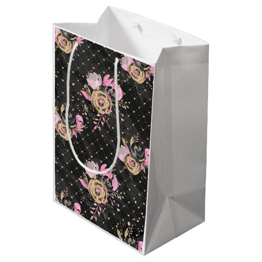 Rosa, schwarze und goldene Blumenbeutel Mittlere Geschenktüte (Rückseite Schrägansicht)