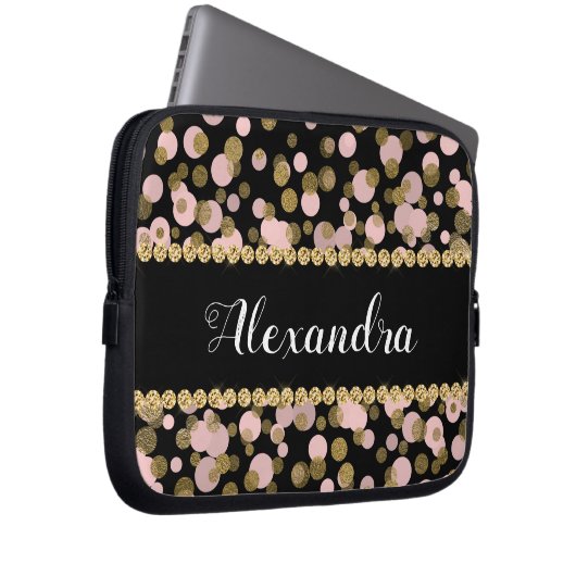 Rosa, schwarze und goldfarbene Foil Confetti Monog Laptopschutzhülle (Vorne Rechts)