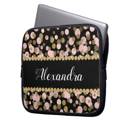 Rosa, schwarze und goldfarbene Foil Confetti Monog Laptopschutzhülle (Vorderseite Links)