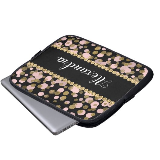 Rosa, schwarze und goldfarbene Foil Confetti Monog Laptopschutzhülle (Vorne Knopf)