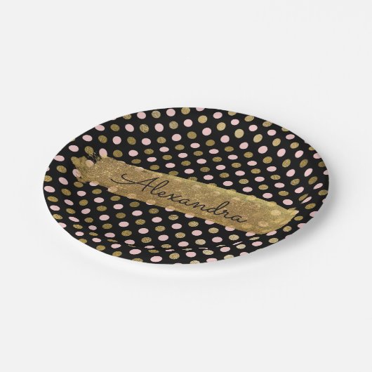 Rosa, schwarze und goldfarbene Polka Dot & Strip Pappteller (Schrägansicht)