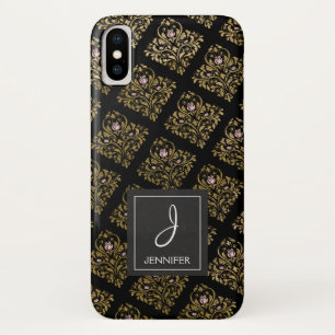 Rosa, Schwarze und Goldfolien-Blumenmonogramm Case-Mate iPhone Hülle