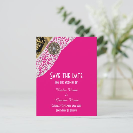 Rosa schwarze und goldweiße Spitze Save the Date Ankündigungspostkarte (Stehend Vorderseite)
