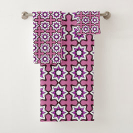 Rosa, schwarze und weiße geometrische Mandala Badhandtuch Set