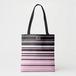 Rosa, schwarze und weiße Streifen Mit Monogramm Tasche