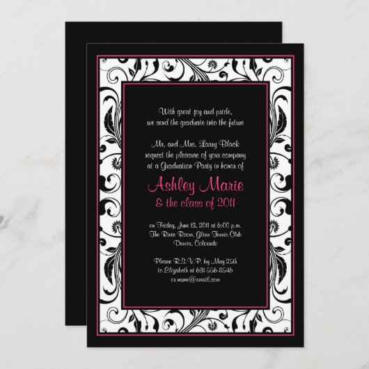 Rosa, schwarze, weiße Abschluss Einladung (Vorne/Hinten)