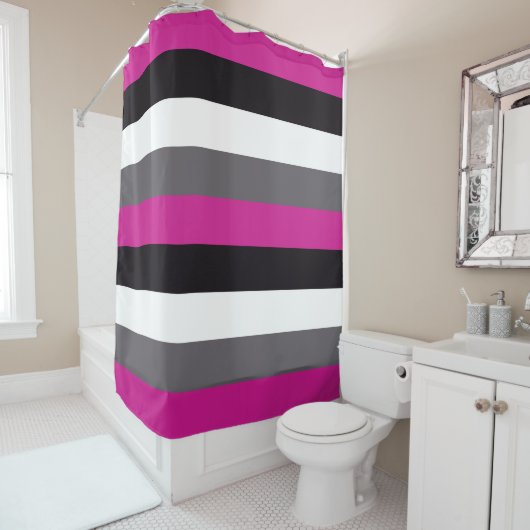 Rosa, schwarze, weiße und graue Streifen Duschvorhang (Beispiel)