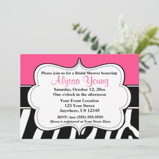 Rosa schwarze Zebra-Druck-Einladung Einladung (Stehend Vorderseite)