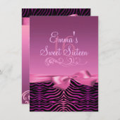 Rosa/schwarze Zebra Print & Bow Birthday Einladung (Vorne/Hinten)