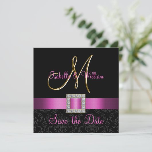 Rosa schwarzer Damaskus-Golden Initial Save the Da Save The Date (Stehend Vorderseite)