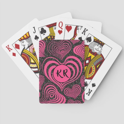 Rosa schwarzer Glamour abstrakter Herz-Monogramm-I Spielkarten (Rückseite)