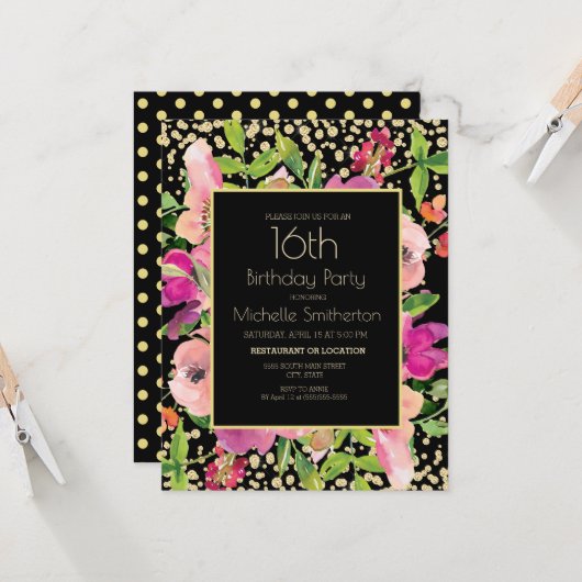 Rosa Schwarzer Glitzer 16. Geburtstag Karte (Vorderseite/Rückseite Beispiel)