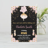 Rosa Schwarzer Glitzer Ballerina Geburtstag Einlad Einladung (Stehend Vorderseite)